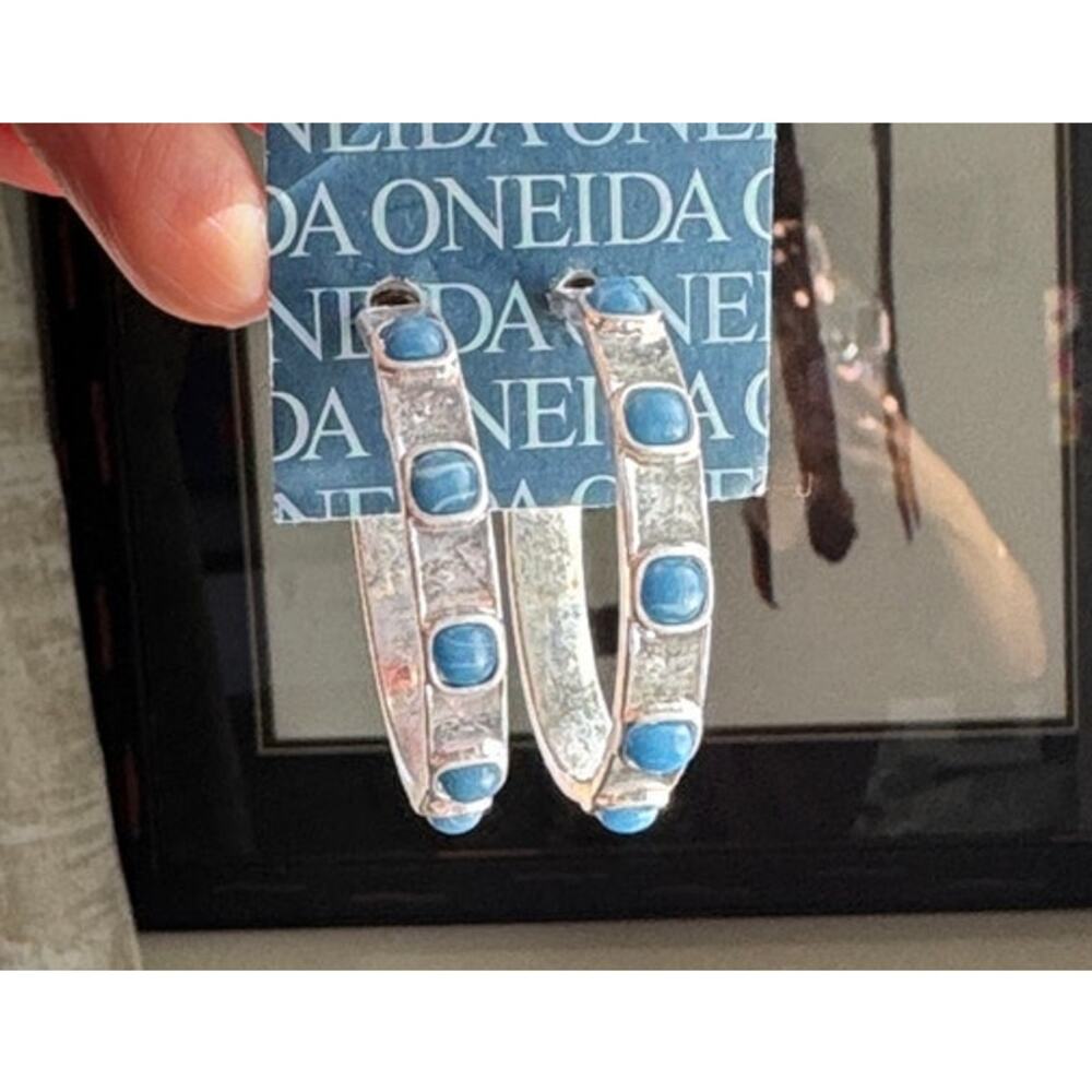 Silver Tone turquoise blue like hoop earrings western rodeo NFR ranch Jaripeo